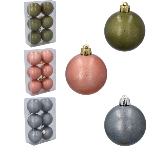 Set de boules de Noël en plastique 6 cm – olive, cuivré et graphite (6 pcs)