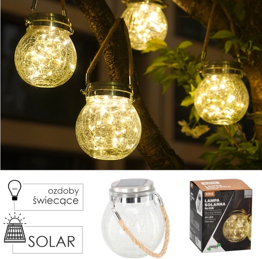 Lanterne solaire suspendue en verre craquelé en forme de bocal 12 × 12 × 14,5 cm, blanc chaud