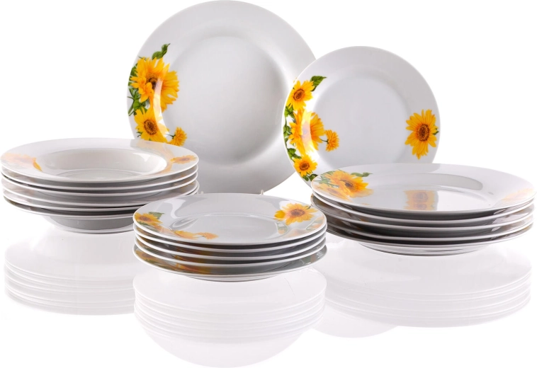 SUNNY porcelain dinner set with sunflower motif, 18 pieces, white