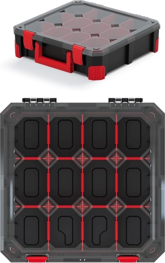 Organizer Titan con 12 scomparti, coperchio trasparente e manico ergonomico