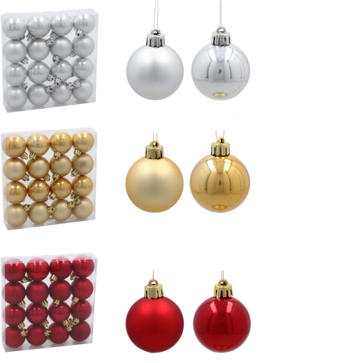 Set de 16 boules de Noël 4 cm – rouges, dorées et argentées