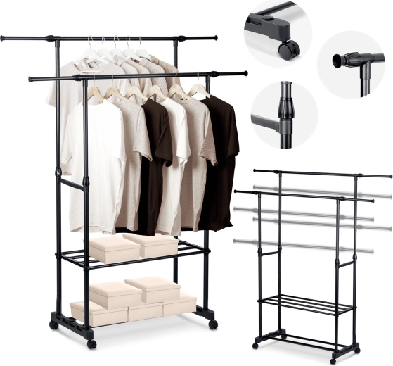 Appendiabiti da pavimento Massido, nero, con ruote e ripiani