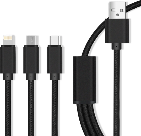 Maxlife câble de charge en nylon 3‑en‑1 Micro USB / USB‑C / Lightning 2,1 A, noir
