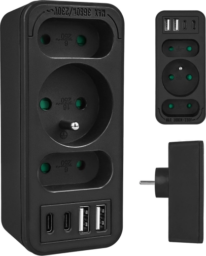 Socket splitter with 3 outlets and USB-A/USB-C, black