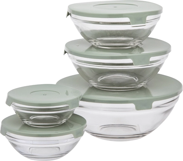 Lot de 5 bols en verre avec couvercles verts
