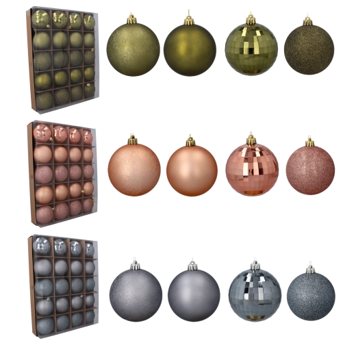 Set di 20 palline di Natale da 8 cm – oliva, rame e grafite, mix di finiture
