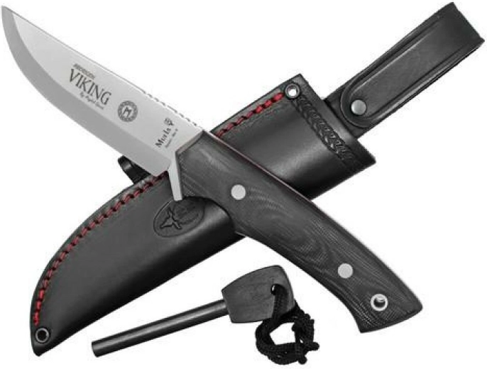 Muela Viking M11M universal knife 11 cm with CRIO-T technology, black Micarta, leather sheath and fire starter