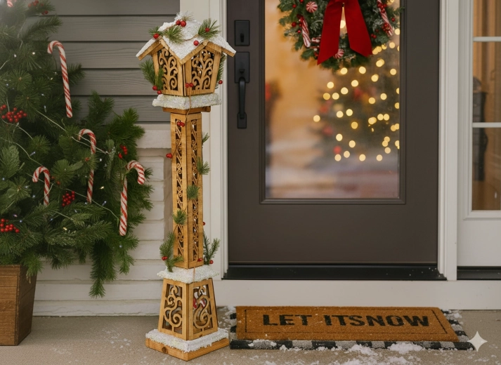 Christmas wooden LED lantern 85 cm, brown