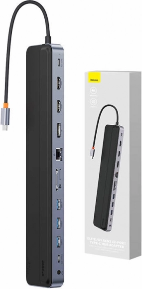 Concentrateur USB‑C 12‑en‑1 BASEUS EliteJoy Gen2 avec 2× HDMI, DP, 3× USB 3.0, PD 100 W, RJ45 et lecteur SD/TF (gris foncé)