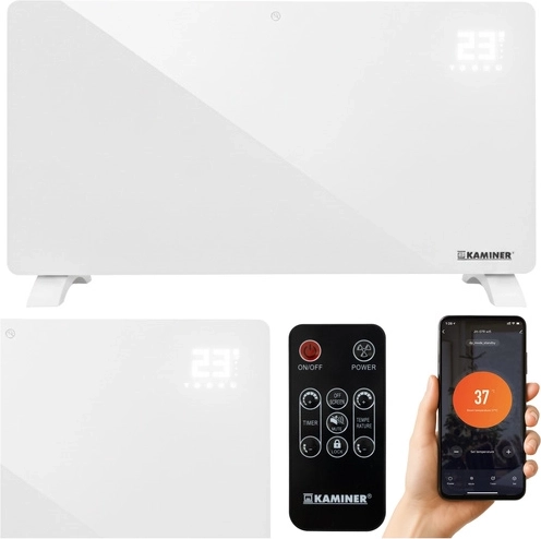 Skleněný elektrický radiátor KAMINER Zelva 2500 W s Wi‑Fi a dálkovým ovládáním