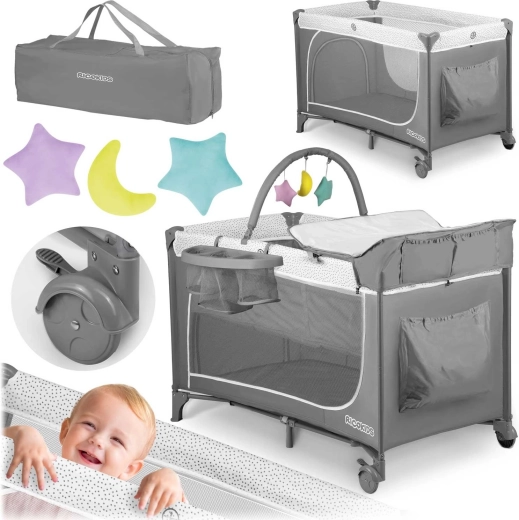 Lettino da viaggio per bambini 2 in 1 con materasso e fasciatoio, grigio