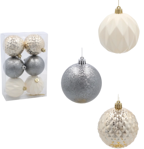 Set de boules de Noël en verre 8 cm – champagne, argent et blanc, 6 pcs