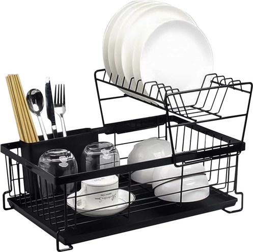 Égouttoir à vaisselle RUHHY à deux niveaux avec plateau et compartiment à couverts, noir
