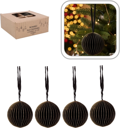Set de boules de Noël en papier noires 7 cm (4 pcs) Chomik