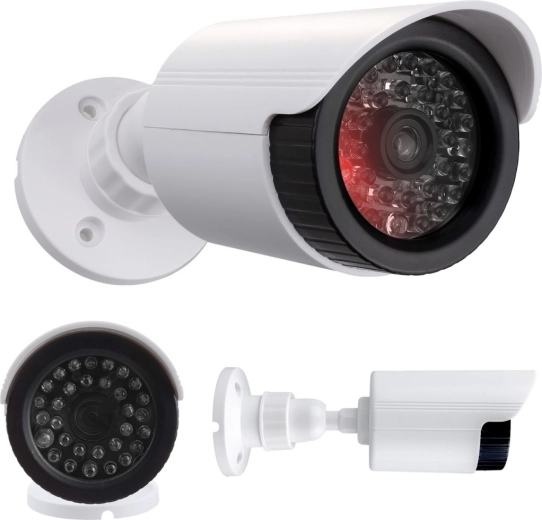 dummy bullet camera with IR LED, white, powered by 2x AA, ABS, IP44