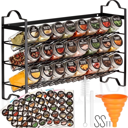 Spice rack with 24 glass jars and 90 labels