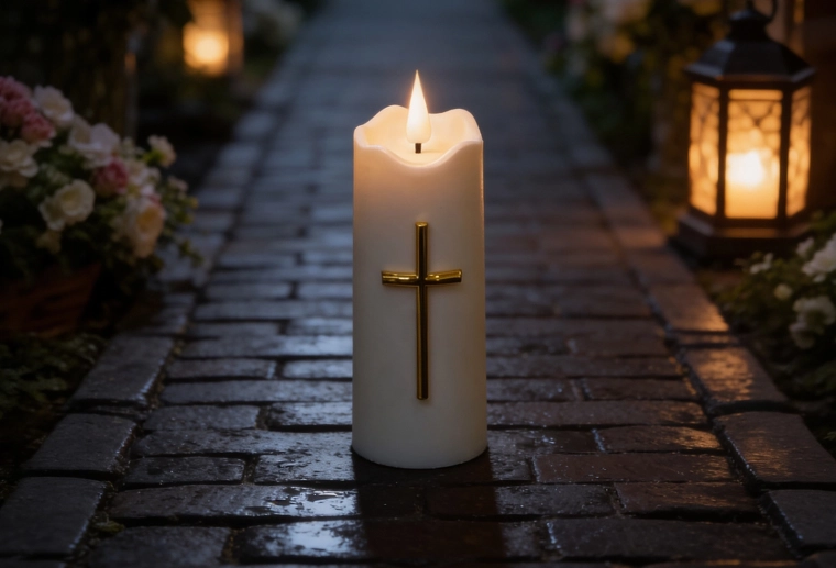 LED candle 5 × 13 cm white with a gold cross