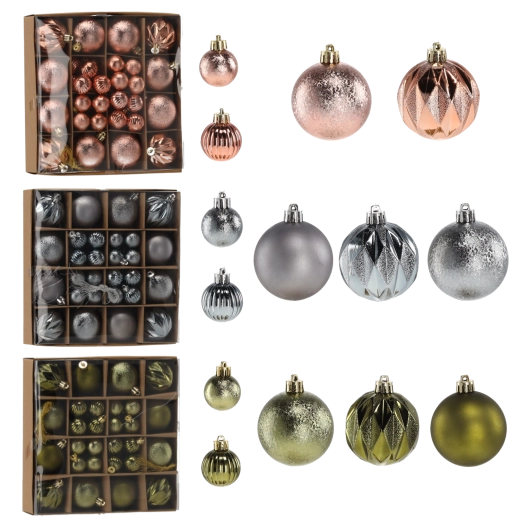 Set of unbreakable Christmas ornaments in olive, copper, and graphite, 44 pcs