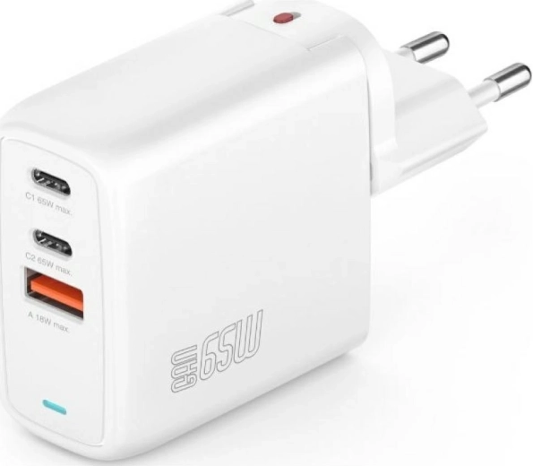 Caricabatterie da rete GaN Flex 65W, 2× USB‑C + 1× USB‑A, bianco