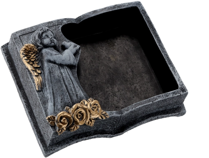Fioriera cimiteriale in cemento a forma di libro grigio scuro con dettagli dorati 23 × 19 × 7,5 cm