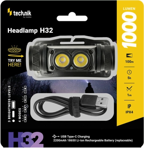 Rechargeable headlamp with OSRAM P9 LED, USB‑C, 1000 lm, strobe Technik MT-H32