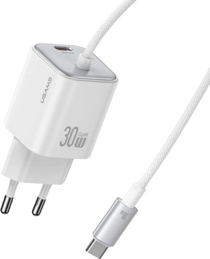 USAMS JC Series CC264 30 W GaN-Schnellladegerät mit integriertem USB‑C-Kabel (weiß)