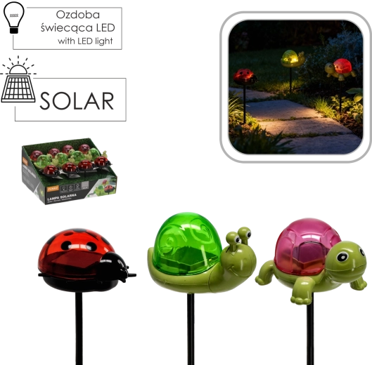 Piquets LED solaires de jardin en forme de tortue, escargot et coccinelle – blanc chaud