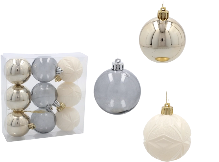 Set de boules de Noël 6 cm – champagne, argent et blanc, 9 pcs