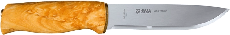 Helle Jegermester hunting knife 13.5 cm with curly birch handle and leather sheath