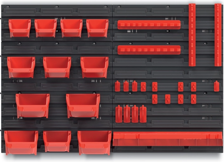 Pannello pensile con 12 box, set di ganci BINEER e mensola BINNER