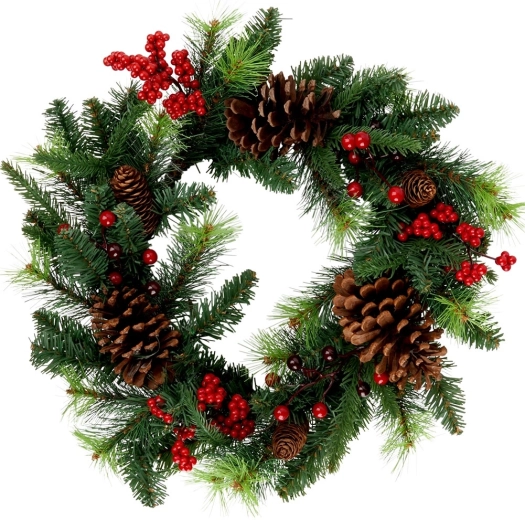 Couronne de Noël 45 cm avec pommes de pin et baies rouges