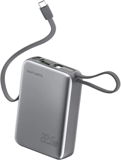 Power Bank 4smarts Pocket Dual Cord 20000 mAh, 22.5 W, with built-in USB‑C cable 15 cm, gray