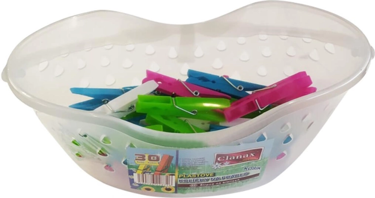 Clothes pegs in a basket, mixed colors, 30 pcs