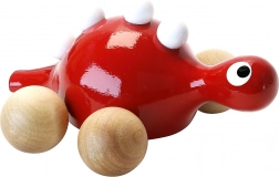 Dinosauro di legno rosso su ruote