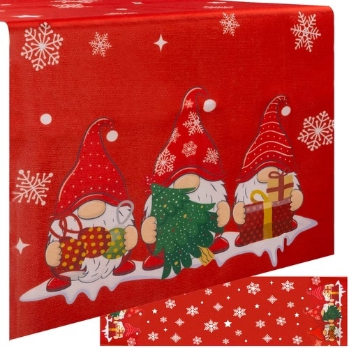 Christmas table runner red 150 × 40 cm with snowflakes and gnomes