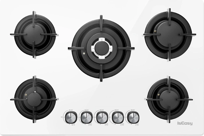 Gas hob ISEASY 77 cm, 5 burners, glass, white