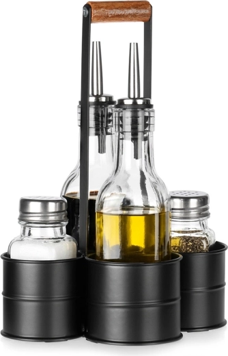 Ensemble huile et vinaigre avec salière et poivrière sur support, 5 pièces