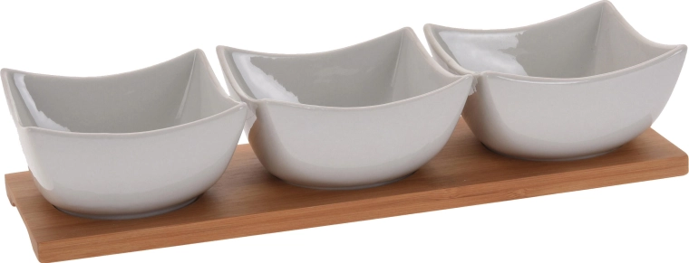 Serving set of bowls on a bamboo tray, white