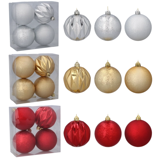 Set of Christmas Balls 8 cm – red, gold and silver plastic ornaments with various patterns (4 pcs)