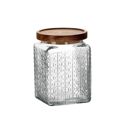 Bocal en verre 850 ml carré avec couvercle en bois