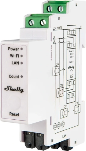 Shelly Pro 3EM Matter contatore elettrico trifase 120 A per guida DIN