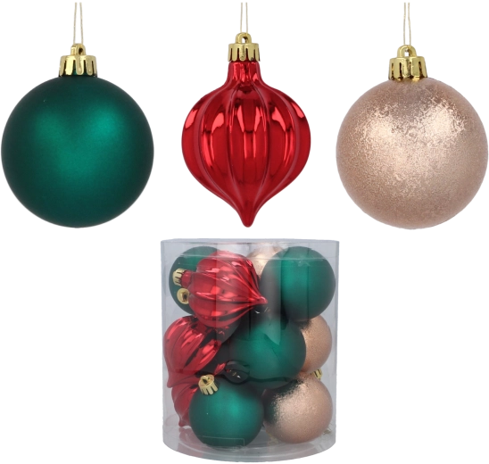 Set de boules de Noël 6 cm – 12 pcs en vert, or et rouge