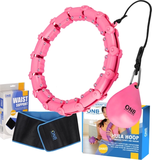 Set of smart massaging hoop with dumbbell and slimming neoprene belt pink