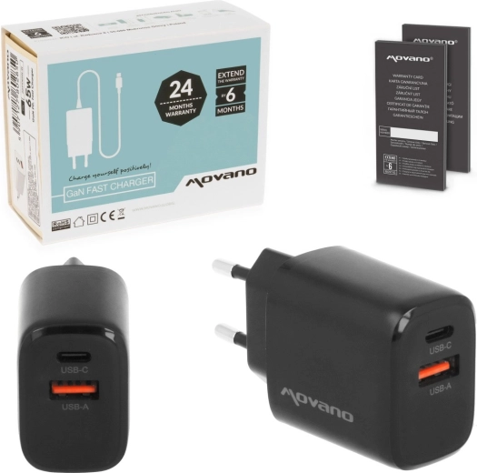 Caricatore da rete Movano GaN 20 W USB-C PD + USB-A nero