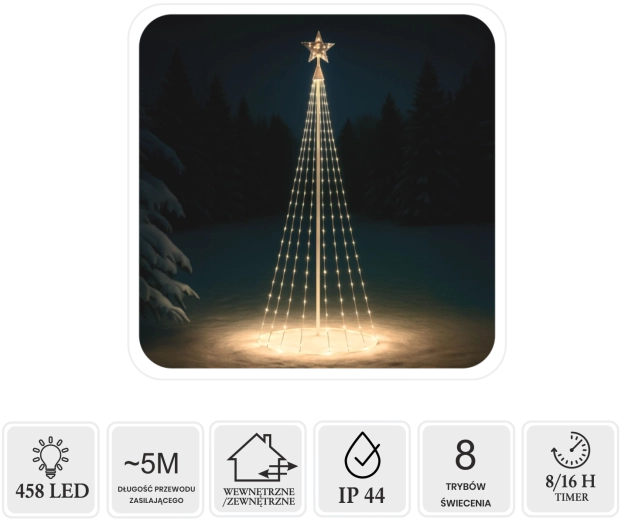 Albero di Natale conico a LED con stella 3 m, 458 LED, bianco caldo, per interno/esterno