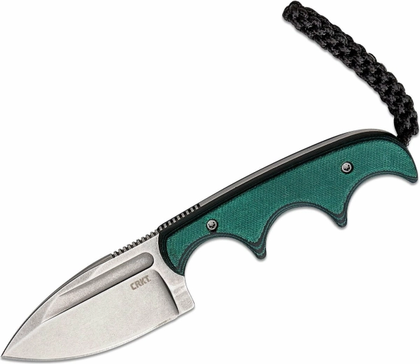 CRKT Minimalist Spear Point – coltello da collo, stonewash, Micarta verde‑nera, 5,5 cm