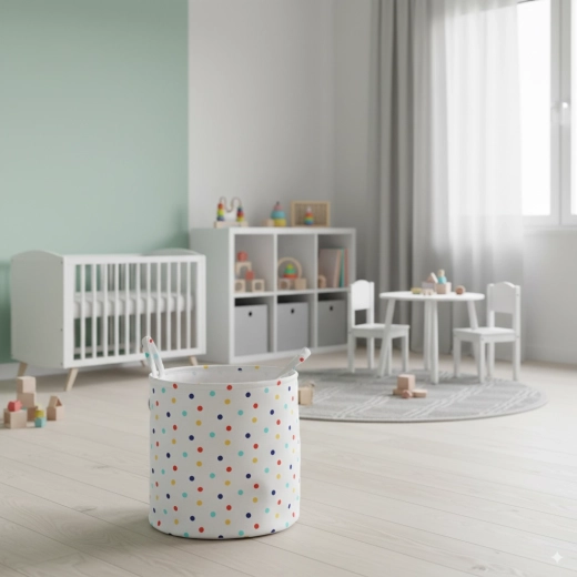 Round laundry and toy basket with polka dots 35 × 37 cm