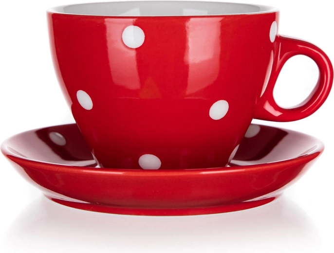 Ceramic cup with saucer 290 ml – red with polka dots