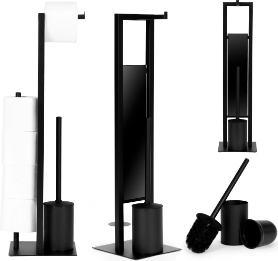 ModernHome toiletpapirstander med holder til ekstra ruller og toiletbørste, sort