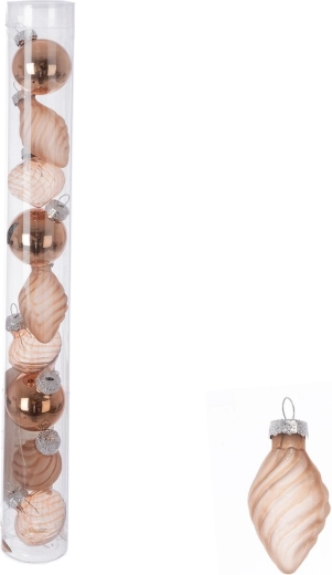 Glas-dekorationskugler i tube, brune (bronzetone), 9 stk.